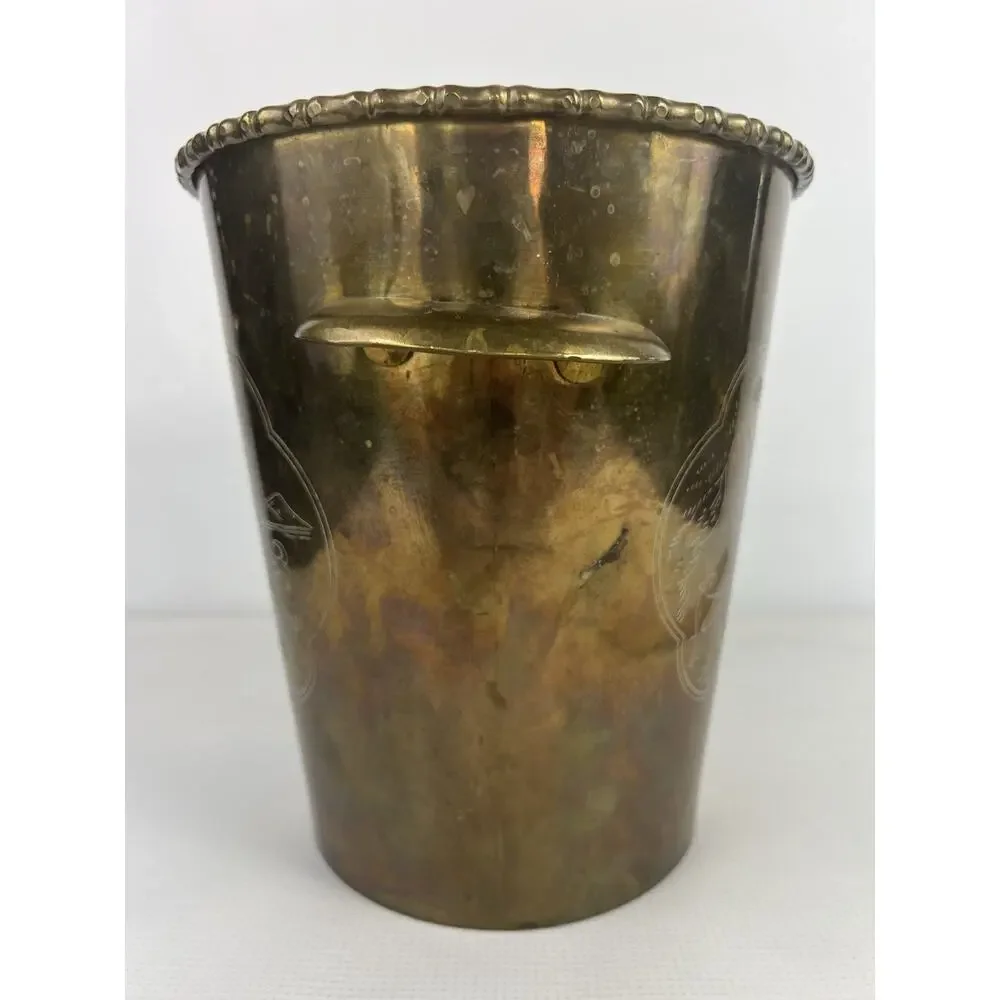 Vintage Brass Ice Bucket Wine Cooler Engraved Etched Planter Asian Scenic Handle